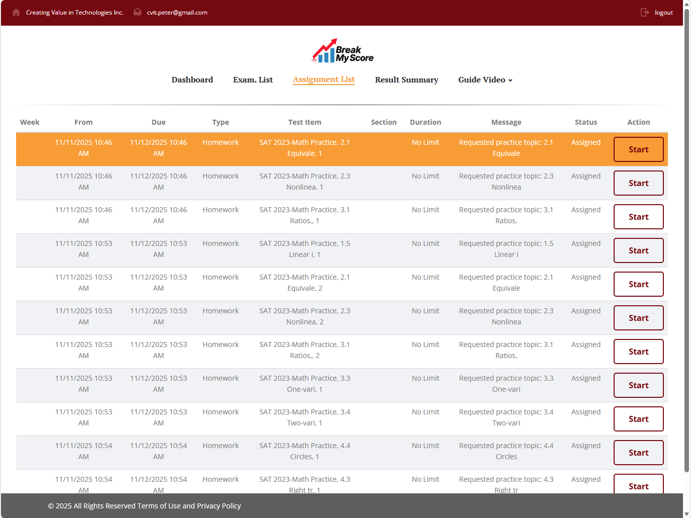 BreakMyScore Assignment List